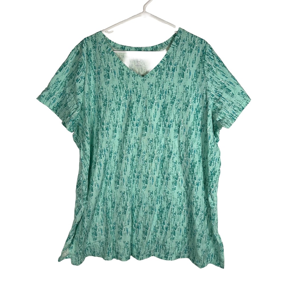 Roaman's Womens 2X 26/28 Teal Green Abstract Dot V-Neck Cotton Short Sleeve Tee